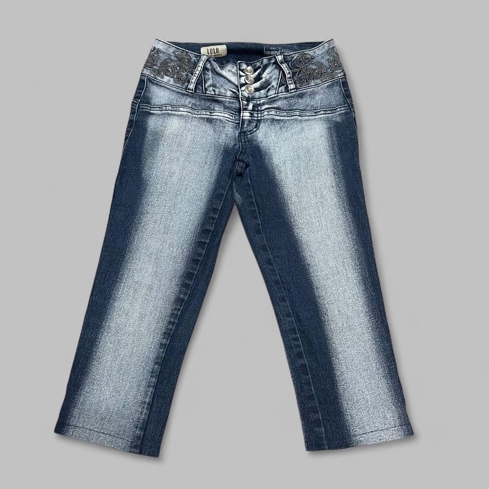 Y2K Low Rise Embellished Faded Denim Skinny Leg Capris Rhinestones Womens 3/4 - Picture 1 of 8
